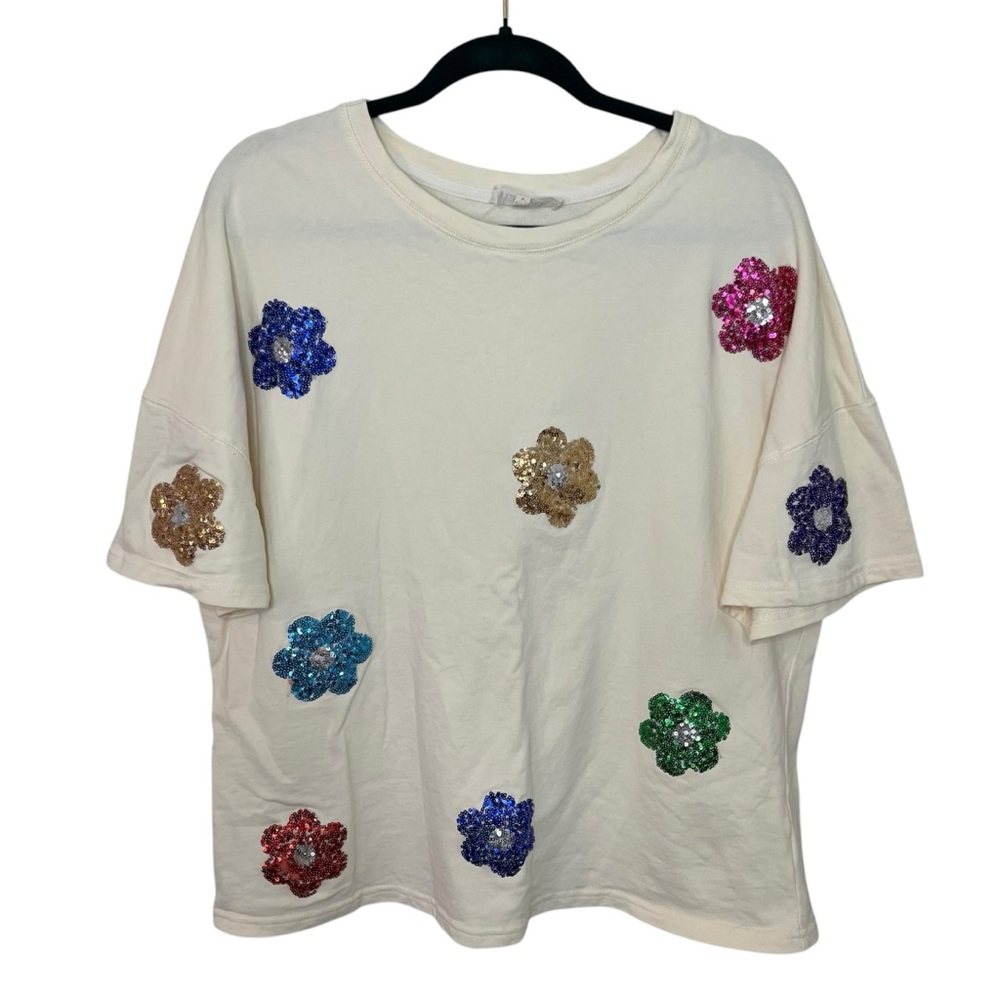 Peach Love California Oversized Floral Sequin Embellished Women's Top Size Small